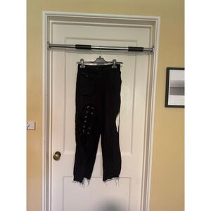 Korean Designer‎ Black Distressed Lace-Up Joggers Cutout Accents Trendy Pants
